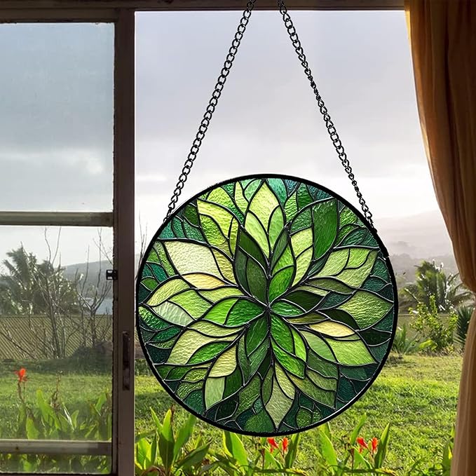 Stained Glass Window Hanging - Green Gradient Flowers Suncatcher for Doors Window Home Plant Sun Catchers Decor Christmas Mother's Day Birthday Gifts for Teacher Women Men Mom Nana 9.8 in