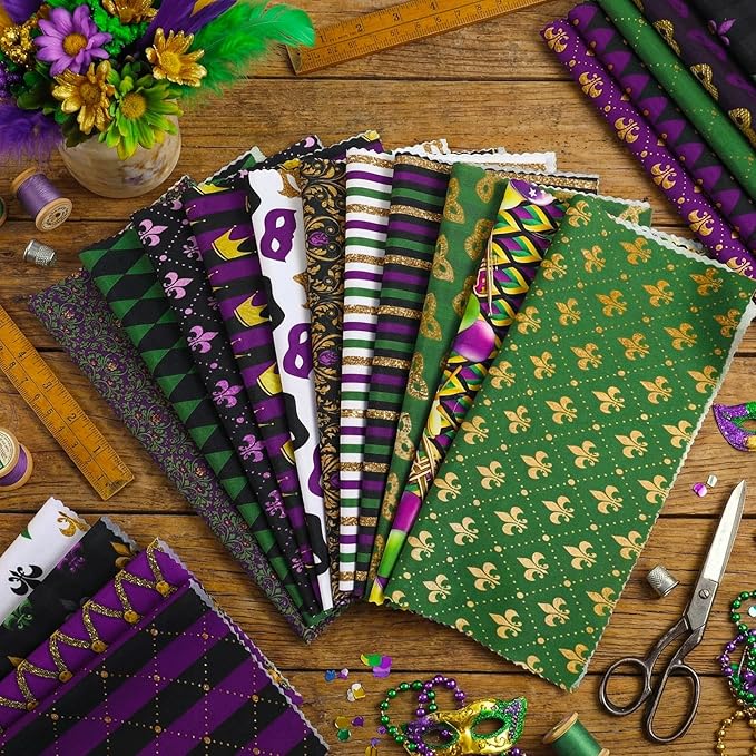 20 Pcs 10''x10'' Mardi Gras Quilting Fabric Square Bundle Lily Flowers Masquerade Precuts Quiltted Fabric Purple Green Gold Printed Patchwork Supplies for DIY Material Sewing Crafts