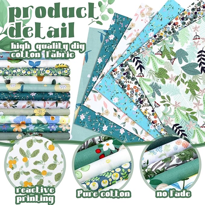 Tudomro 70 Pcs 10 x 10 Inch Cotton Fabric Squares Multicolor Quilting Fabric Bundles Precut Printed Patchwork Materials for Holiday DIY Crafts Cloths Handmade(Green Floral)