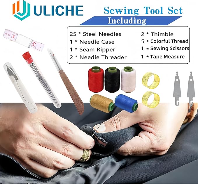 Uliche 38Pcs Big Eye Sewing Needles Kit, Stainless Steel Hand Sewing Needles with Thread Ripper, Threaders, Thread & Thimbles, Portable DIY Repair Tool Set