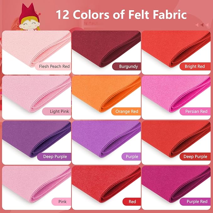 Large Stiff Felt Sheets Bundle Felt Fabric Sheets for Crafts 12 Rolls 8"x35" Soft Red Color 12 Assorted Colors Felt Pack for DIY Craft Sewing Squares Nonwoven Patchwork (Red)