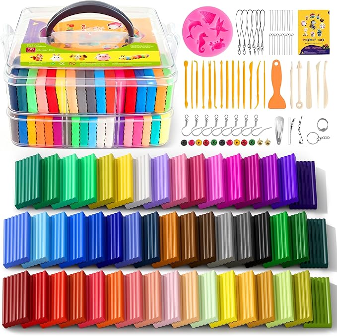 50 Colors Polymer Clay kit，Modeling Clay with Sculpting Tools for Starter,Oven Bake DIY Model Clay,Non-Toxic, Non-Sticky,Gift for Kids Adults