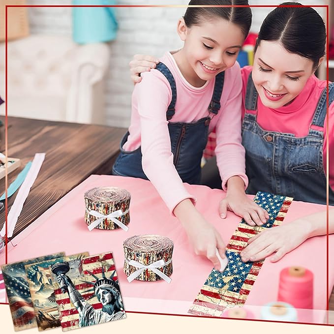 Ganeen 100 Pcs Patriotic Quilting Fabric Roll Vintage 4th of July 2.56 Inch Fabric Squares Jelly Patchwork Precut Strips Bundles for Memorial Day Holiday Materials Craft DIY Sewing Cloths