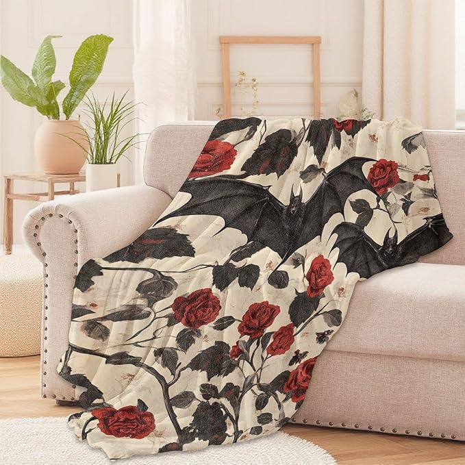Bat and Rose Gothic Throw Blanket for Boys Girls Kids Adults Women, Fuzzy Warm Soft Cozy Flannel Blankets Gifts for Bedroom, Couch, Travel, Home Decor 50x60 in