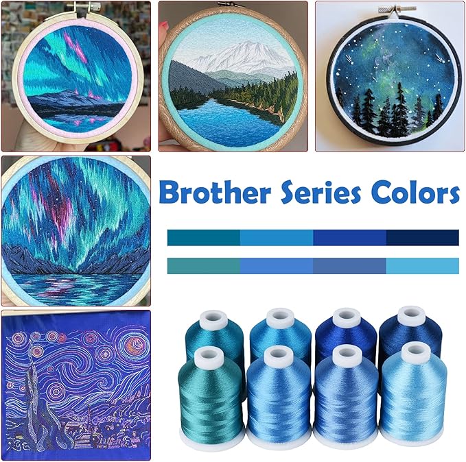 Simthread Blue Embroidery Thread – 8 Shades Compatible with Brother Colors, 550 Yards Each, 40WT Polyester, for Brother, Babylock, Janome, Singer & Other Machines