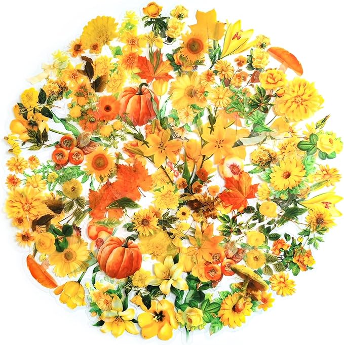 Yoksas Nature Fall Foliage Wildflower Stickers - 100Pcs Aesthetic Clear Yellow Mushroom Pumpkin Flower Stickers for Scrapbooking, Journaling, Retro Art, Resin Crafts