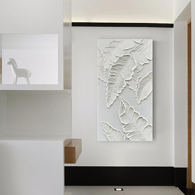 NANKAI Art Hand Painted Thick Texture White Abstract Art Oil Painting 48x24 inch White Leaf Texture Painter House Wall Art Decorative Oil Painting