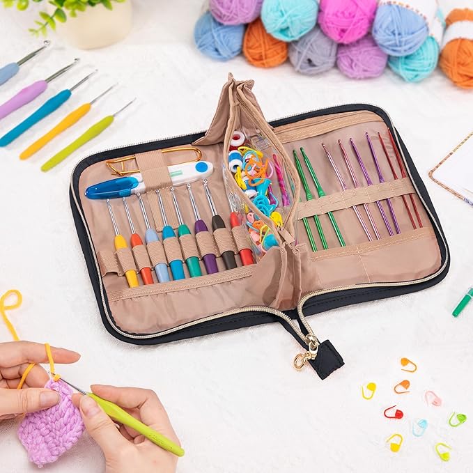 MYBAGZING Crochet Hook Case – Empty Organizer with 24 Slots for Crochet Hooks & Ergonomic Aluminum Crochet Needles, Zipper Pocket for Accessories and Supplies