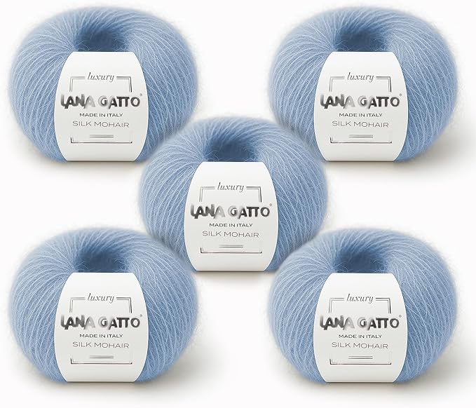 5 Skeins, Silk Mohair Luxury Yarns, Premium and Soft Blend for Knitting and Crocheting, Made in Italy (Light Blue - 7264, 5)