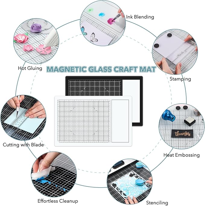 9Pcs/SetMagnetic Glass Craft Mat Set; 15.75"x10.24"Heat Resistant Glass Media Cutting Mat W/MagnetsGridlines and measurements; for Cutting, Stamping, Mixed Media, Heat Embossing and Hot Glue Projects
