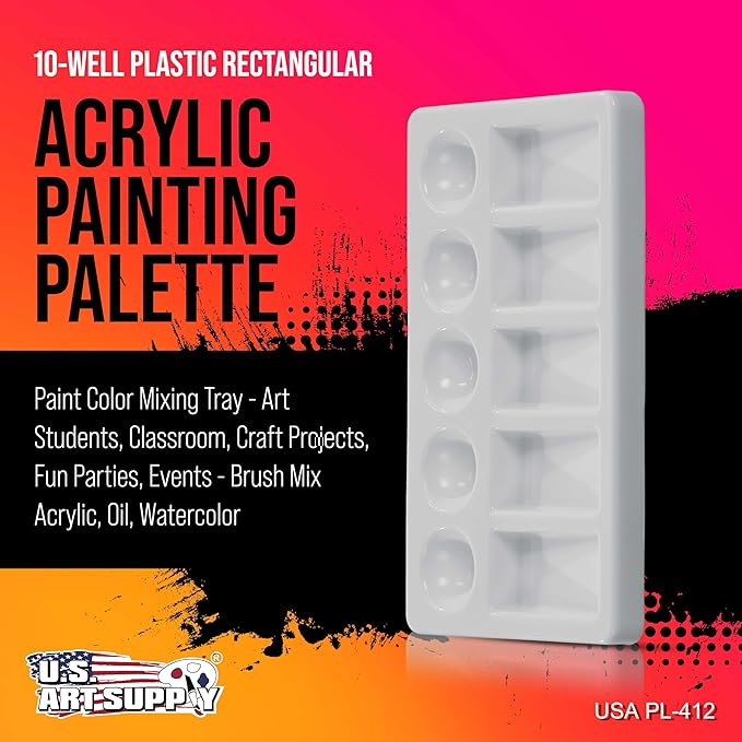 U.S. Art Supply 10-Well Plastic Rectangular Artist Painting Palette - Paint Color Mixing Tray - Art Students, Classroom, Craft Projects, Fun Parties, Events - Brush Mix Acrylic, Oil, Watercolor