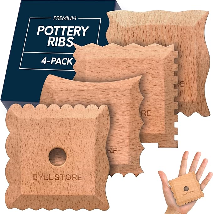 Byllstore Pottery Ribs & Trimming Tools | 2 Foot Shaper Tools | 4 Clay Texture Ribs | Solid Beech Wood | Several Pack Options (4-Pack)