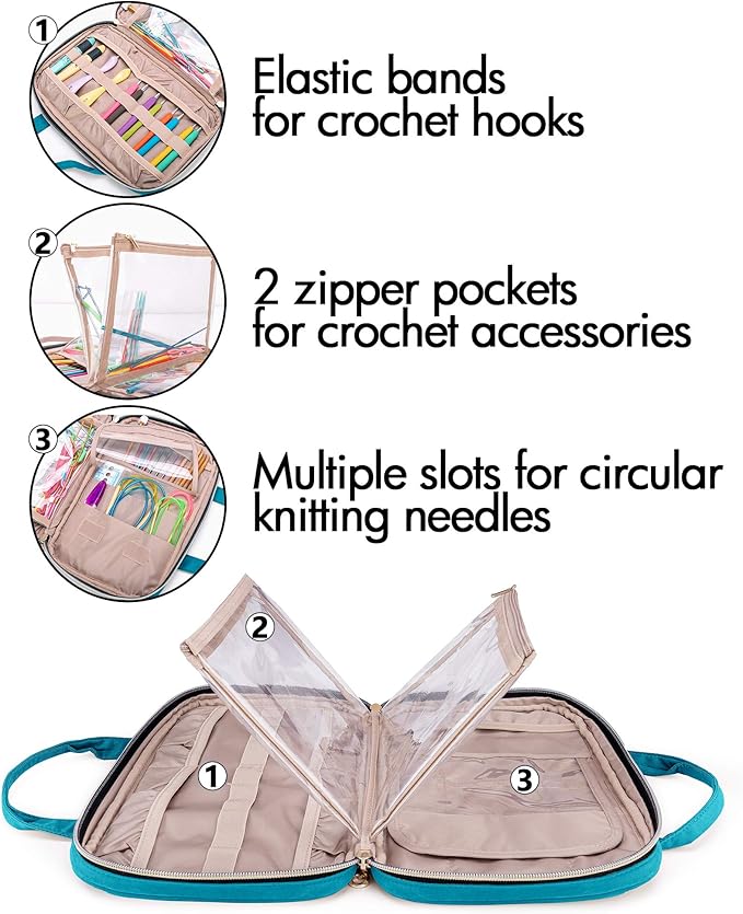 Yarwo Knitting Needles Case (up to 10.6"), Crochet Hooks Organizer with Double Handle for Circular Knitting Needles and Accessories, Teal (Bag Only)