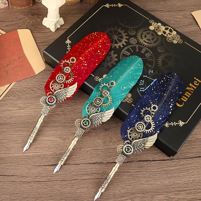 Quill Pen Ink Set with Wax Seal,Feather Quill Pen, a Collision of Punk and Retro Styles, both Calligraphy Pen Set and Wax Seal Stamp Kit, Suitable for Calligraphy Lovers of All Ages (Red)
