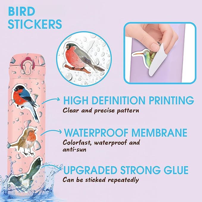 BEATRI Bird Stickers 50Pcs Vinyl Waterproof Decals for Water Bottles, Laptop, Notebook, Scrapbook, Luggage, Cell Phone, Skateboard, Helmet (Bird Stickers)