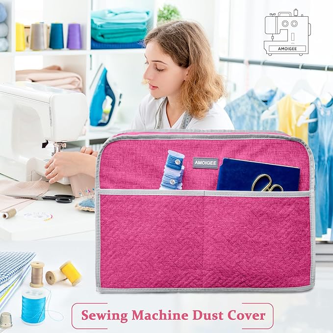 AMOIGEE Sewing Machine Cover for Brother, Singer, Janome – Quilted Dust Cover with Storage Pockets, Padded Protective Sewing Machine Case Fits Most Standard Sewing Machines (17" x 7" x 12")