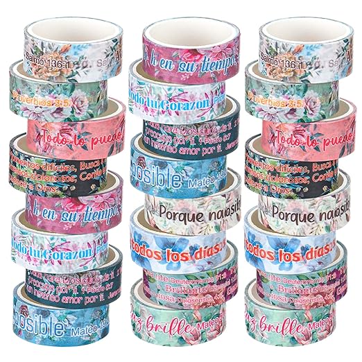Janlaugh 24 Rolls Christian Washi Tape for Bible Journaling Gifts Bulk Religious Inspirational Scripture Supplies Spanish Floral Bible Verse Washi Tape for Study Crafting Spring Gifts Favors