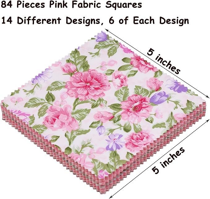 84 Pcs Pink Cotton Fabric Quilt Squares 5x5, Charm Packs for Quilting 5 inch, 5" Charm Squares for Quilting, Sewing, Patchwork, Birthday Valentine's Party Decor, and Crafts - Pink