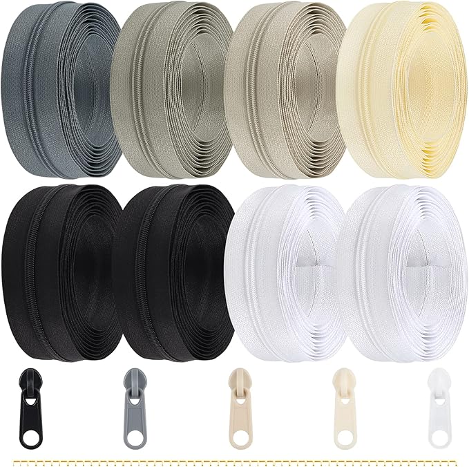 Zippers by The Yard for Sewing, DOITEM 2.8 mm Zippers 22.4 m Nylon Endless Zip Set with Slider and Zip for Sewing and Crafts – 6 Colors