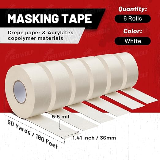 RED WOLF 1.41" x 60 Yards Masking Tape 6 Pack, General Purpose for Painting Arts Crafts Label Car Painting, Sharp Paint Line No Residue Painters Tape White Beige Crepe Paper Tape Heat Resistance