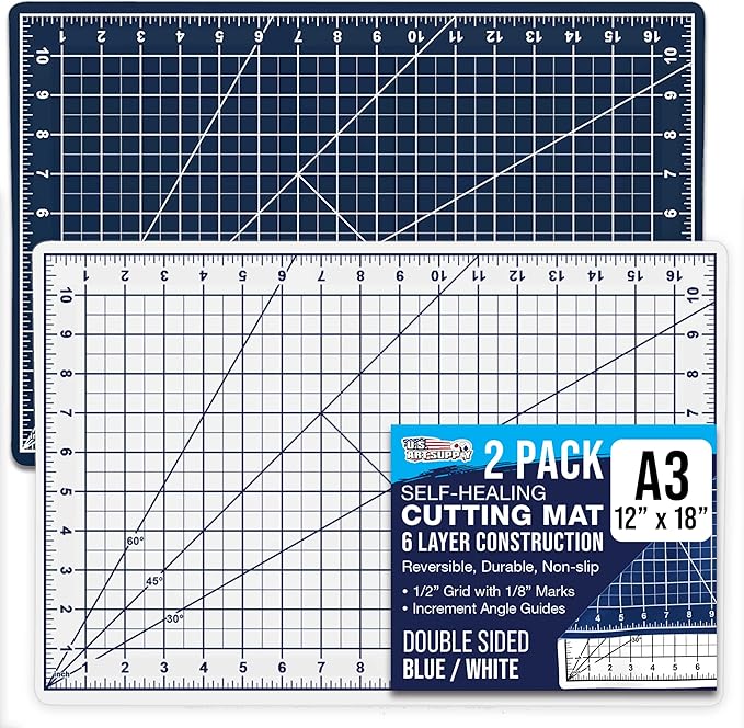 U.S. Art Supply 12" x 18" Self-Healing Cutting Mat 5-Ply (2 Pack) - Double-Sided White/Blue Craft Mat, Non-Slip Cutting Mats for Crafts, Sewing, Quilting, Scrapbooking