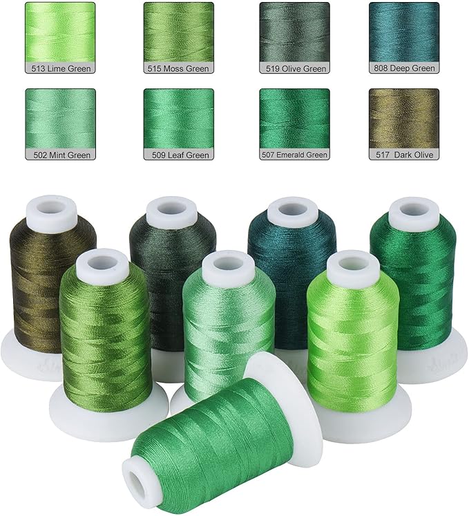 Simthread Green Embroidery Thread – 8 Shades Compatible with Brother Colors, 550 Yards Each, 40WT Polyester, for Brother, Babylock, Janome, Singer & Other Machines