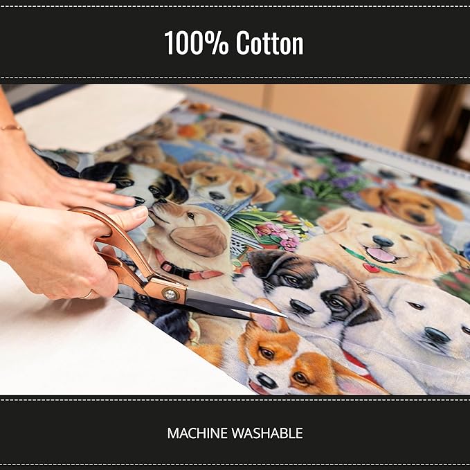 Garden Puppies Print 100% Cotton Fabric Material by The Yard for Sewing, by David Textiles, 44 Inches Wide