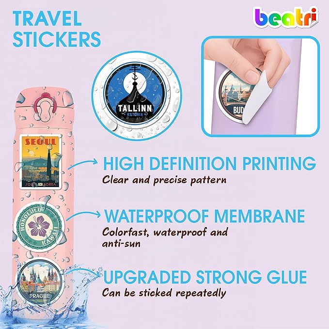 BEATRI World Travel Stickers 50Pcs Waterproof Vinyl Travel Map Stickers for Suitcase, Bicycle, Laptop, Water Bottle, Journaling & Travel Gear | Non-Repeating Decals, High-Definition Print