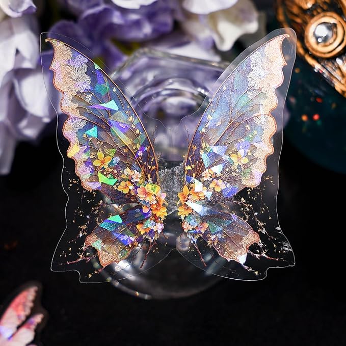 80-Piece Holographic Glitter Butterfly Art Stickers for Scrapbooking, Journaling, Resin Crafting – Waterproof Transparent Floral Fantasy Butterfly Decals