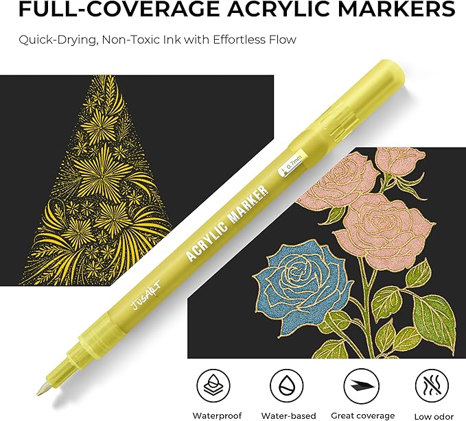 JusArt 3 Pack Gold Acrylic Paint Markers, 0.7mm Fine Point Acrylic Paint Pens for Rock Painting, Art Projects, Ceramic, Glass, Wood, Metal, Fabric, DIY, Ideal Gold Permanent Marker for Art Supplies