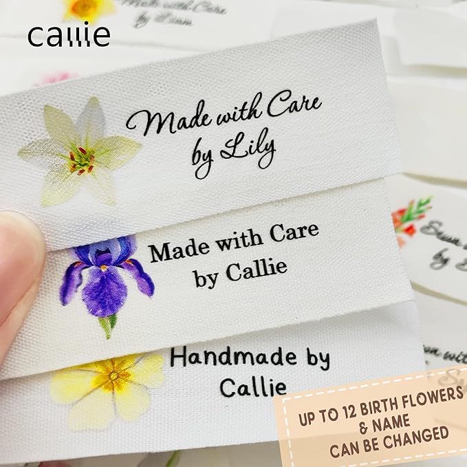 callie Personalized 10-100Pcs Sewing Labels - Custom Birth Flower & Name, Fabric Made with Love Sewing Tags for Handmade Items Clothes, Gifts for Knitting DIY Craft Lovers