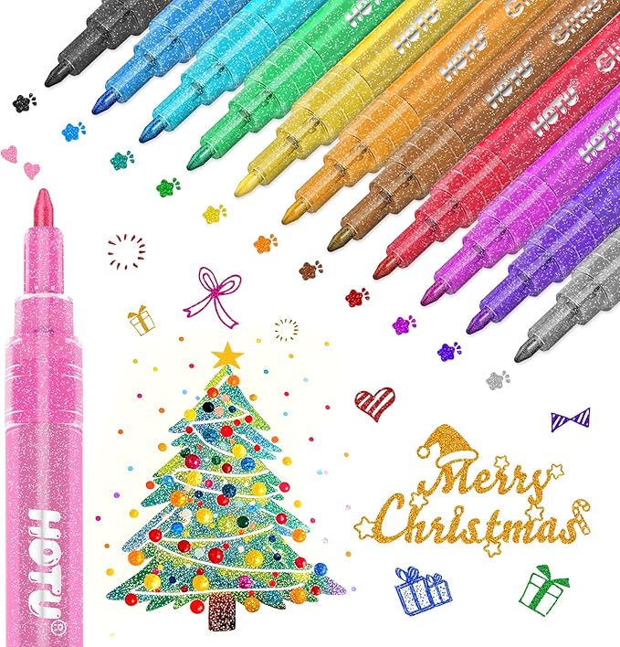 12 Glitter Markers Pens, Metallic Shimmer Markers for Rock, Glass, Wood, Fabric, Halloween and Christmas Decoration, Sparkly and Shiny Glitter Paint Pens with Fine Tip 0.7 mm