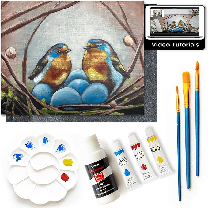 DIY Art Painting Kit for Adults – Learn to Paint Nesting Birds with Video Tutorials – 9 Pieces Acrylic Paint Set for Adults –Perfect Christmas Crafts & Holiday Gifts for Art Lovers