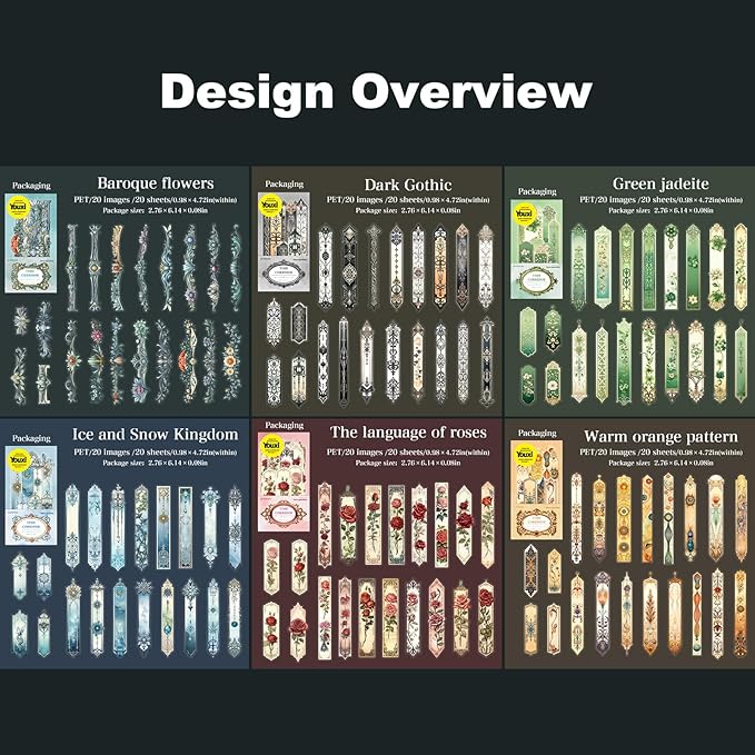120PCS PET Strip Stickers, Gothic, Rose, Baroque, Emerald, Amber and Snow Style Designs in Vintage Aesthetic, Scrapbook and Journal Labels, Transparent Waterproof DIY Supplies