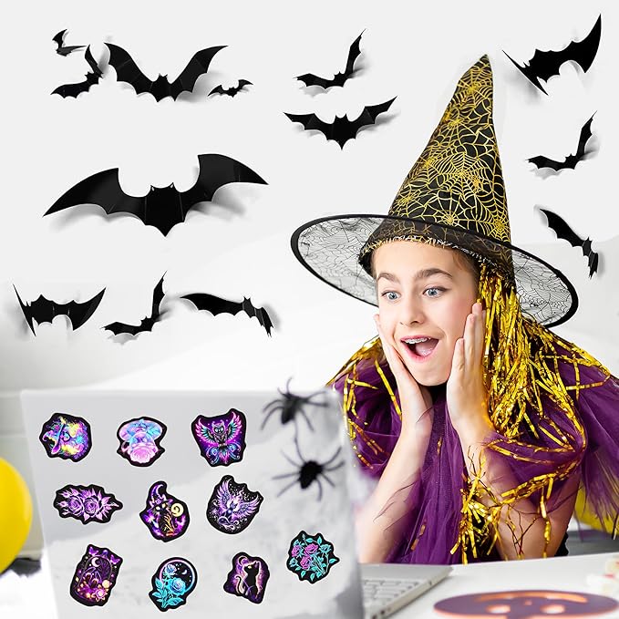 60 Pcs Neon Halloween Stickers for Kids, Waterproof Witches Magic Decals for Water Bottle, Vinyl Laptop Decor for Teens Girls Boys, Students Classroom Prizes