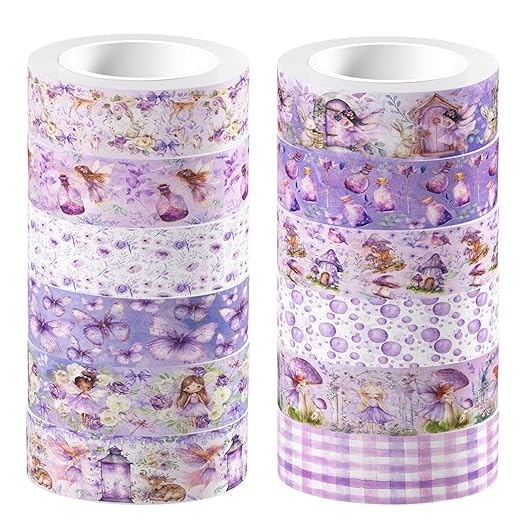 12 Rolls of Fairy Washi Tape, Purple Decorative Tape Masking Tape for Note Taking Supplies, Scrapbooking, DIY Crafts, Gift Wrap for Birthday Wedding Baby Shower Party Supplies
