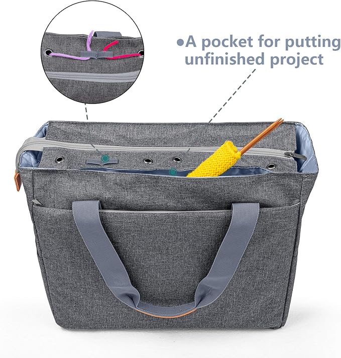 Teamoy Knitting Bag, Travel Yarn Storage Tote Organizer for Yarn, Unfinished Project, Crochet Hooks, Knitting Needles and Accessories, Lightweight, Water-Resistant, Large Capacity, Gray