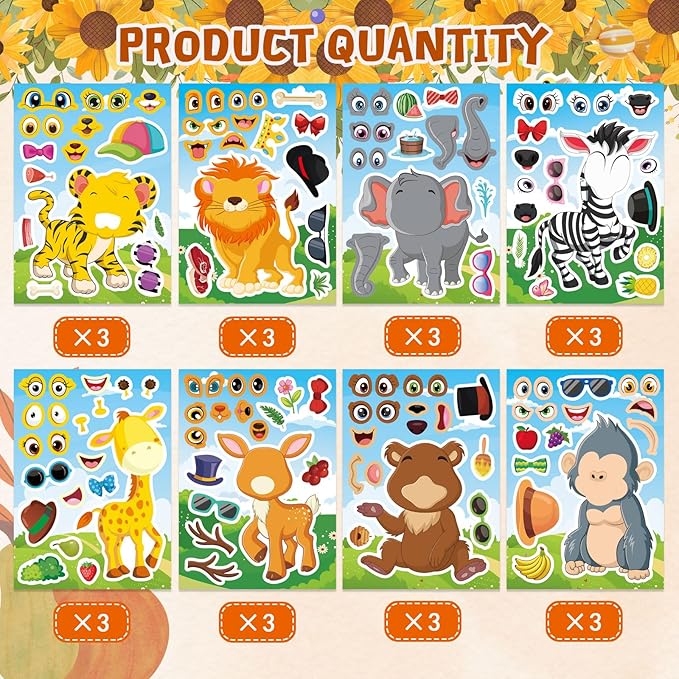 DUJAA Animal Stickers, 24 Sheets, Make-a-Face, Mix & Match, Kids 2-8, Party Favors, Crafts, Goodie Bags