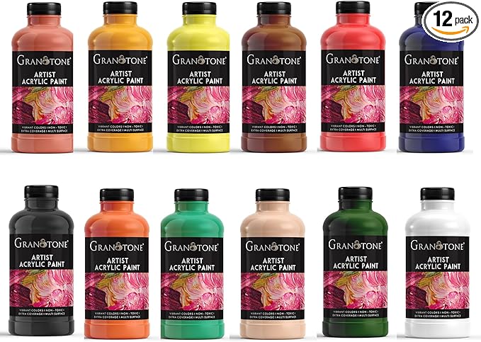GRANOTONE Acrylic Paint Set - 12 Primary Colors, 17 oz Each | Non-Toxic Student Acrylics for Artists, Kids & Hobbyists | Ideal for Painting & Crafting | Vibrant & Safe Art Supplies | Made in India