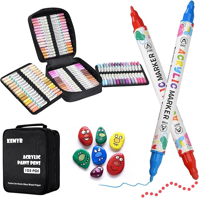120 Colors Acrylic Paint Pens, Dual Tip Acrylic Paint Markers for Paper, Wood, Canvas, Stone, Rock Painting, Glass, Fabric, DIY, Ceramic, Art Supplies for Adults Drawing (Dot + Fine)
