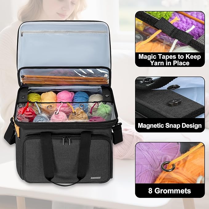 Teamoy Knitting Bag With Divider and Cover, Portable Yarn Storage Organizer for Crochet Accessories and Knitting Needles,Ideal for Knitting Enthusiasts, Black