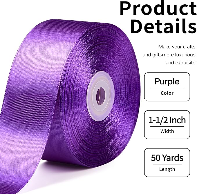 1-1/2 Inch Wide Purple Satin Ribbon, 50 Yards Solid Polyester Fabric Ribbon for Roses Making, Gift Wrapping, Valentine's Day, Wedding Decorations, Crafts, Bows, Flower Bouquets