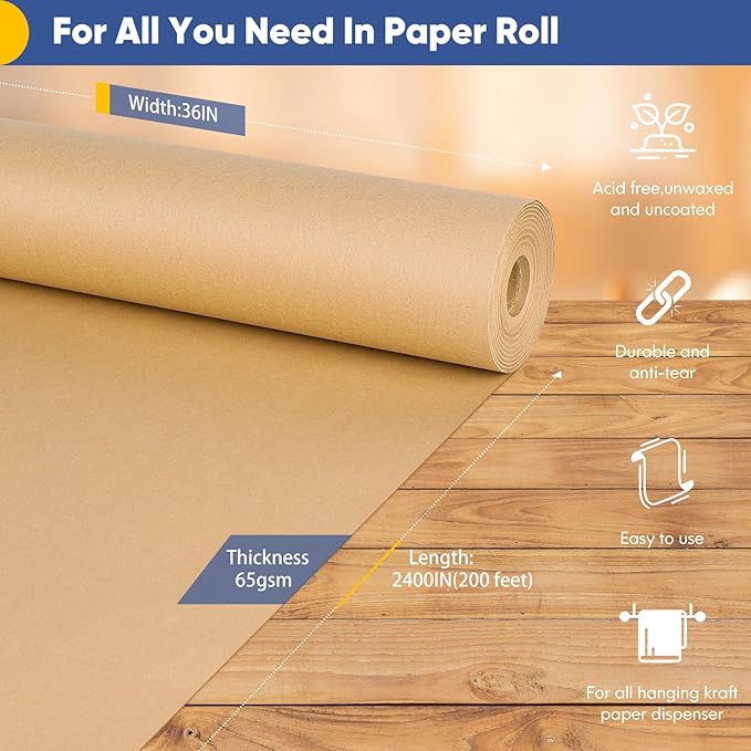 Vanhench Brown Wrapping Paper Roll 36"x 2400" (200'), Bulletin Board Paper Kraft/Craft Paper, Birthday Valentines Bouquet Flower Gift Packing Art Poster Crafting Moving Shipping Supplies, 70GSM 55LB
