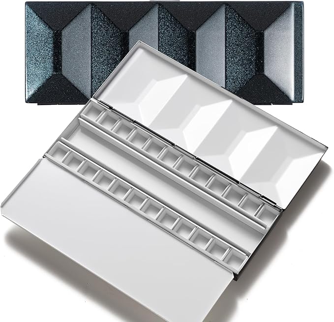 MEEDEN Travel Watercolor Paint Palette: Empty Water Color Tin Palette with 24 Half Pans - Portable Enamel Watercolour Box with Mixing Tray lid Blue