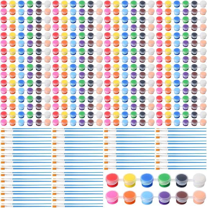 Timgle 560 Pcs Mini Acrylic Paint Set 40 Set 12 Colors Washable Paint Strips Bulk 40 Flat Brushes 40 Pointed Brushes Christmas Party Gift for Art Birthday Party Favors Craft Supplies(2ML)