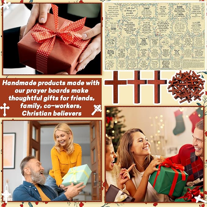 Pocket Prayer Quilt Panel Squares with Small Wooden Crosses Mini Scripture Pocket Prayer Quilt for Friend Family Religious Spiritual Gift Easter Reward Gift(Wildflower,Brown)