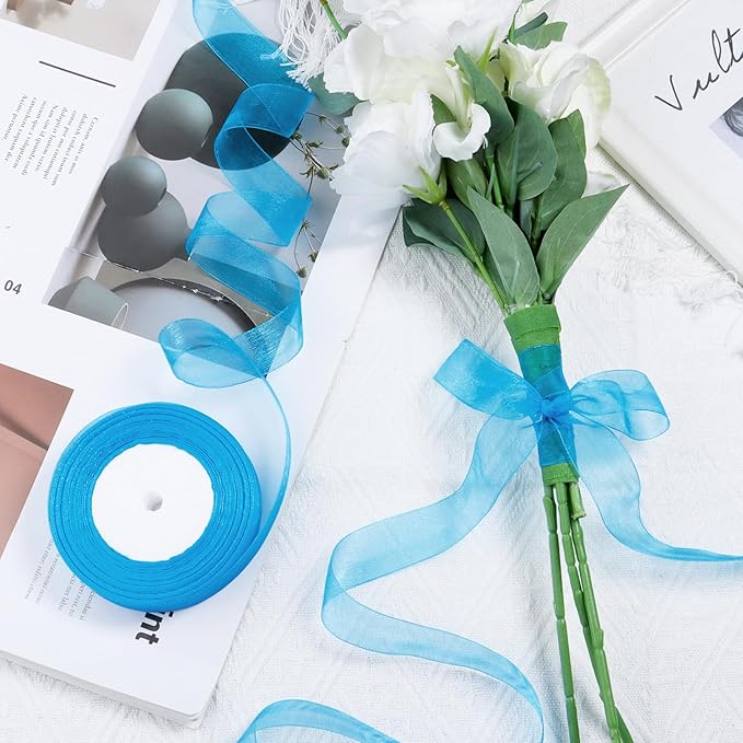 Teal Ribbon for Gift Wrapping 3/8 inch Sheer Organza Ribbon for Flower Bouquet Tulle Chiffon Ribbons for Wedding Invitations Christmas Halloween Decorations Crafts 50 Yards