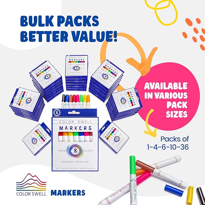 Color Swell Super Tip Markers 6 Boxes of 8 Washable Vibrant Colors (48 Total) Perfect Bulk Marker Pack for Kids, Parties, Classrooms