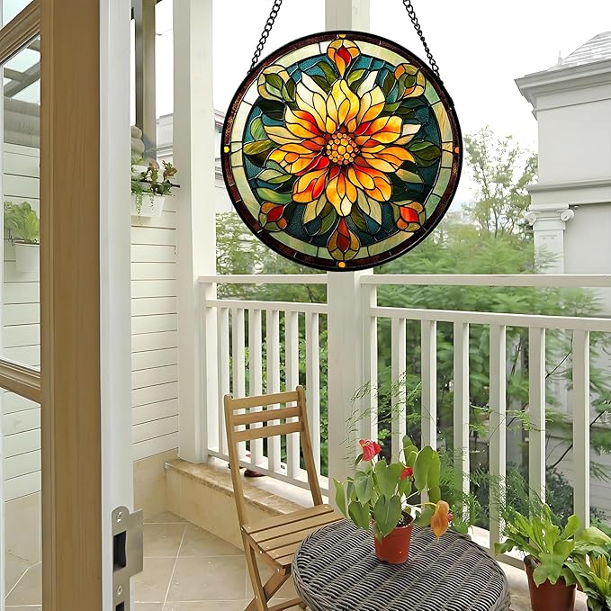 Stained Glass Window Hanging - Retro Yellow Flower Suncatcher for Door Garden Home Decor Dahlia Sun Catcher Christmas Birthday for Lovers Friend Women Mom Nana 15 in