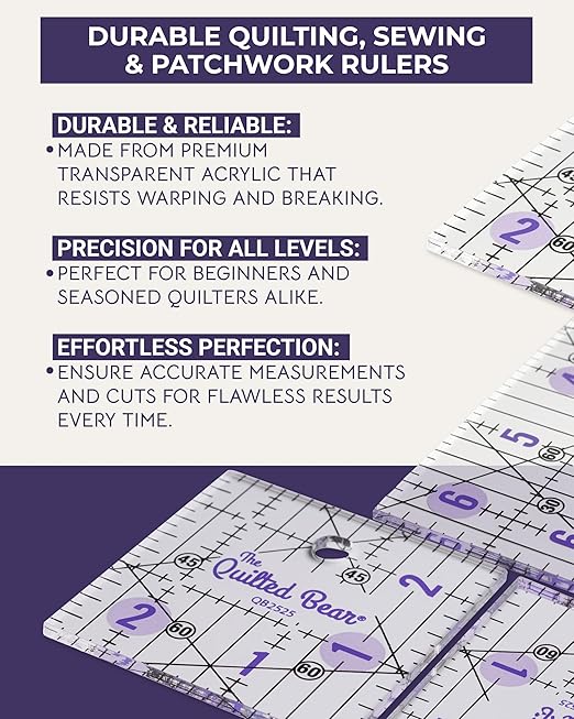 The Quilted Bear Quilting Rulers - Transparent Acrylic Non Slip Quilting, Patchwork & Sewing Ruler with Clear Black Lines & 30, 45 & 60 Degree Angles for Perfect Accuracy & Precision (12.5" x 12.5")
